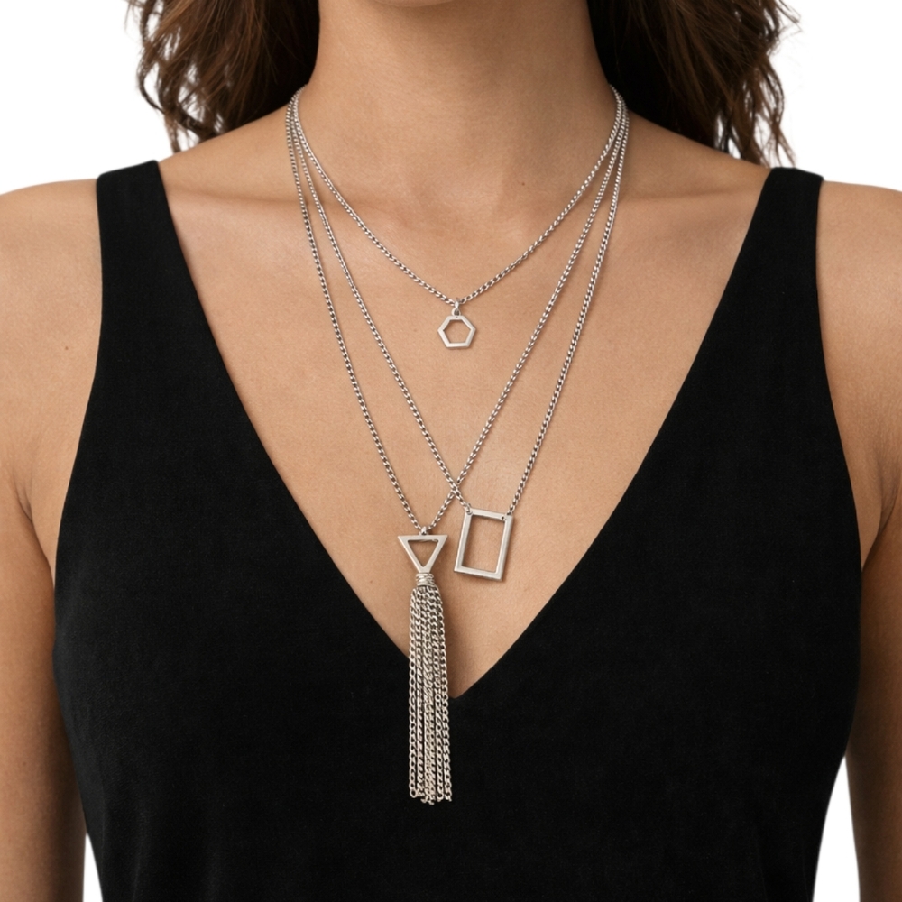 Silver Layered Geometric Tassel Statement Necklace